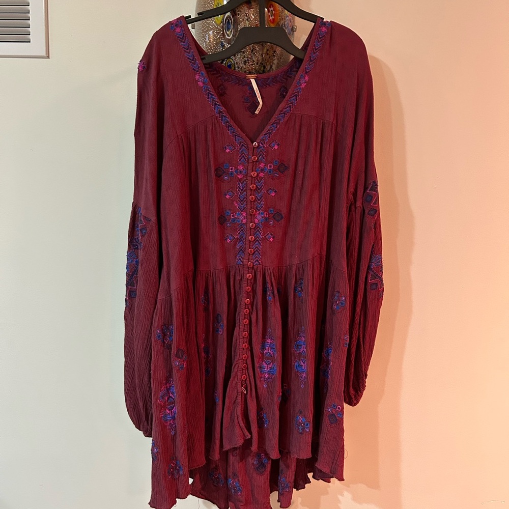Free People Burgundy Embroidered Boho Tunic
